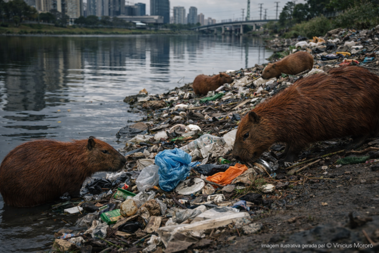 Exposição em parque de SP mostra impacto do lixo em animais do Rio Pinheiros